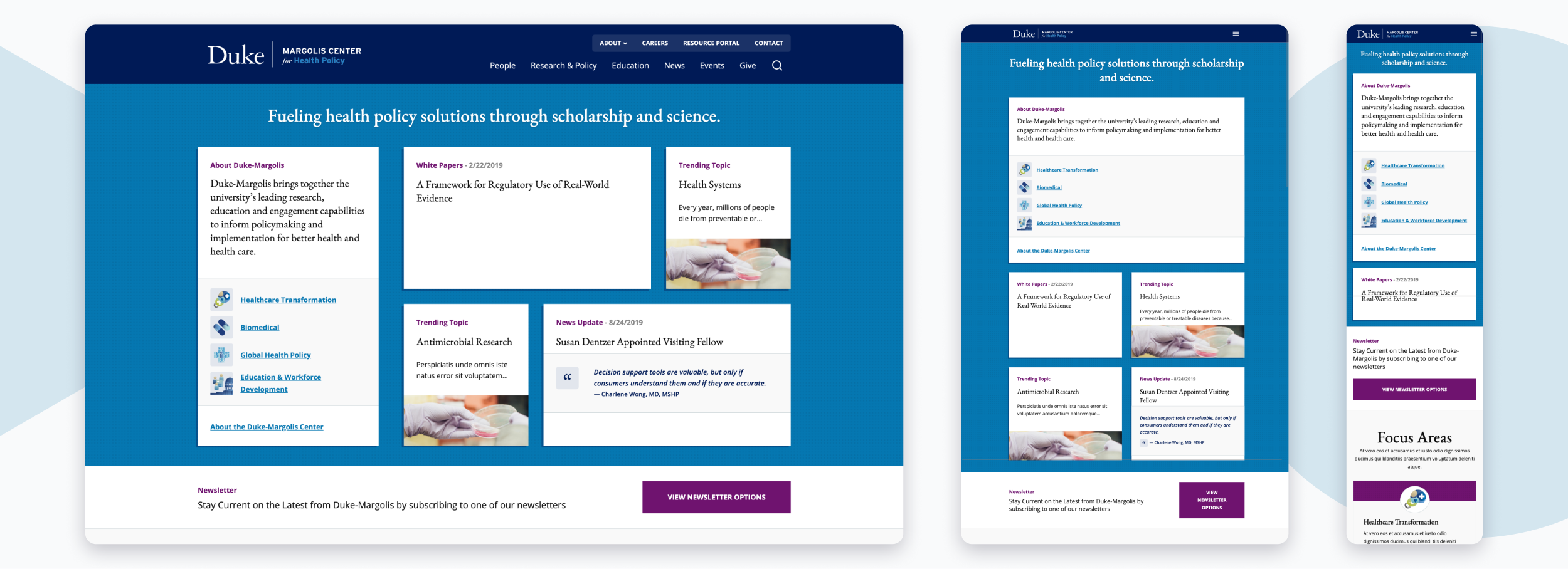 A mockup of the Duke-Margolis home page on devices of various widths