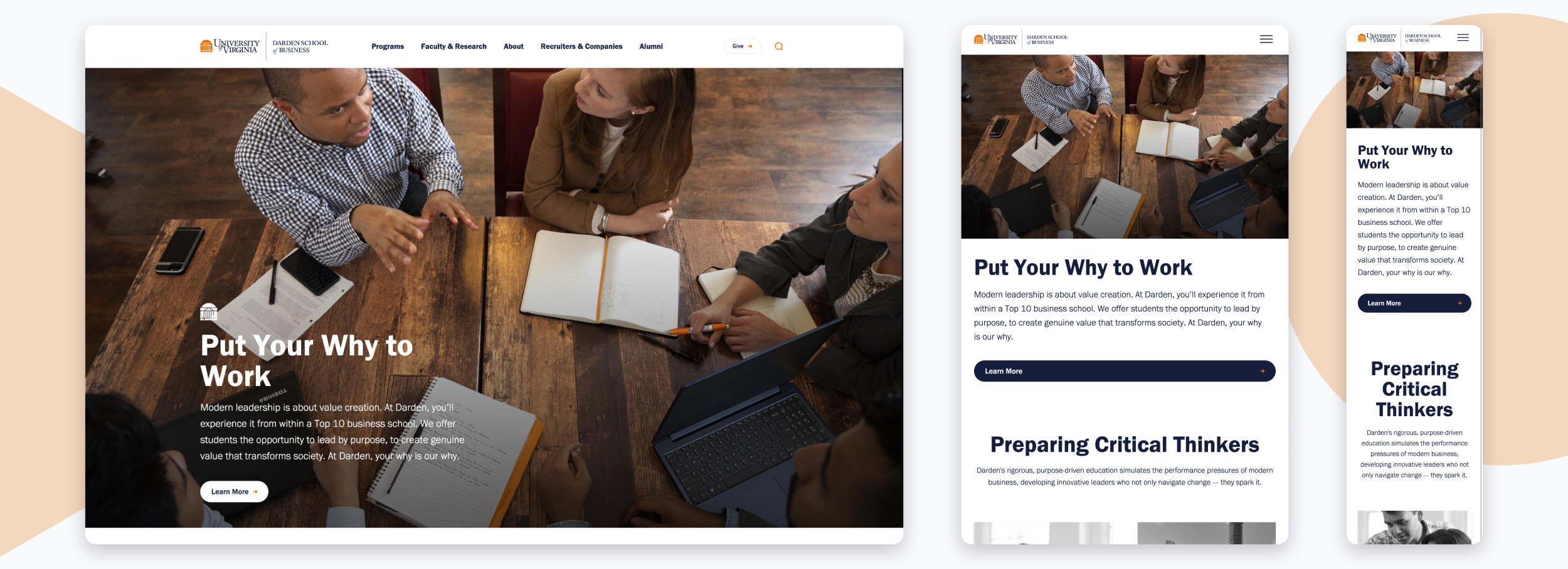 Mockups of the UVA Darden homepage on devices of various widths