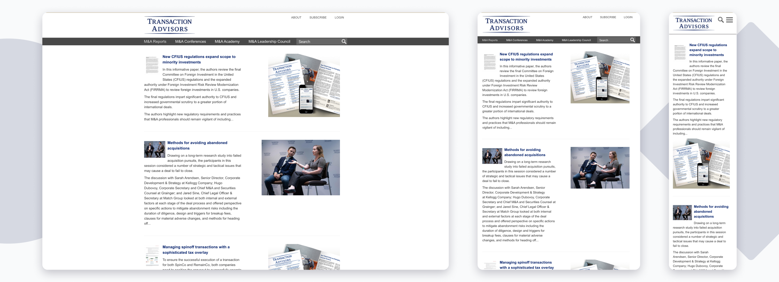 Mockups of the Transaction Advisors site on devices of varying width