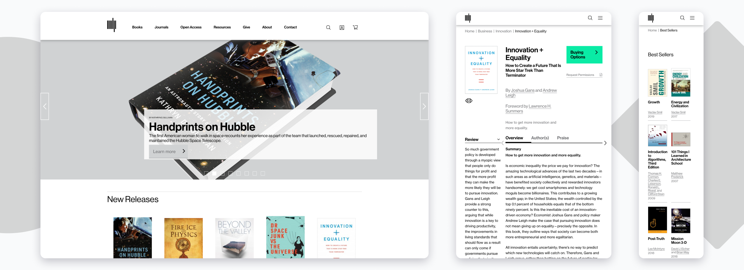Mockups of the MIT Press site on devices of various width