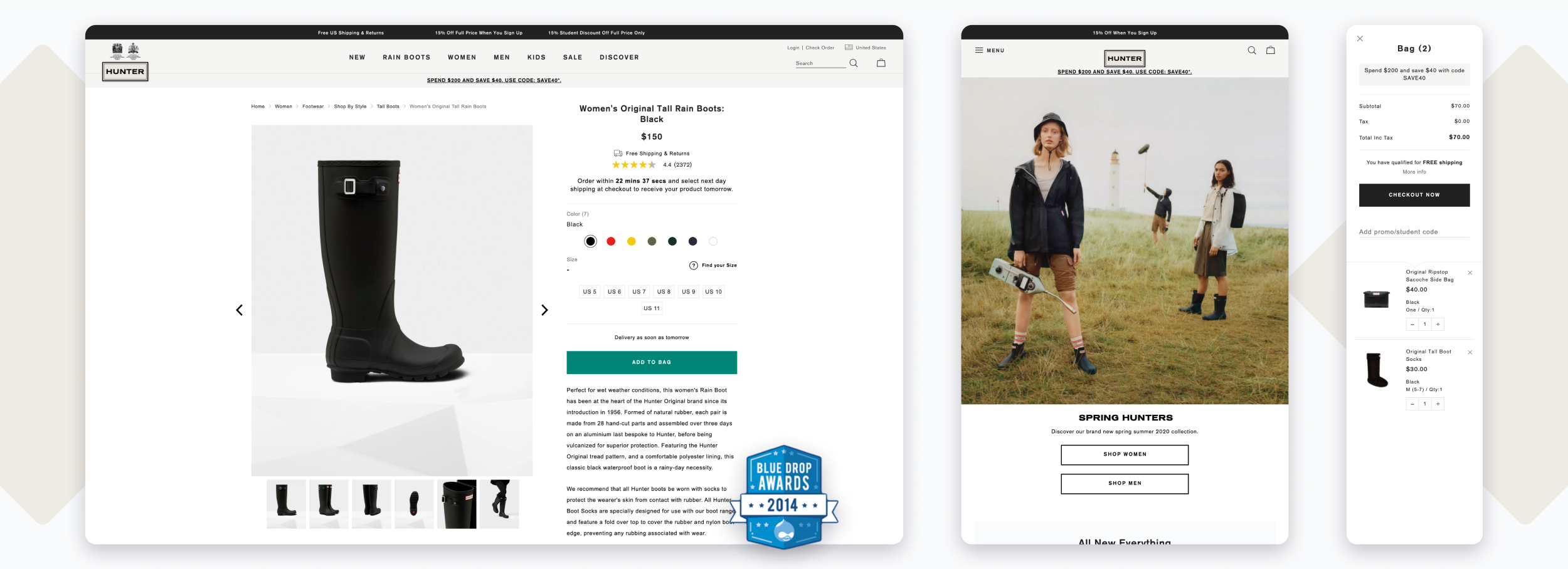 Various mockups of the Hunter site on devices of varying width