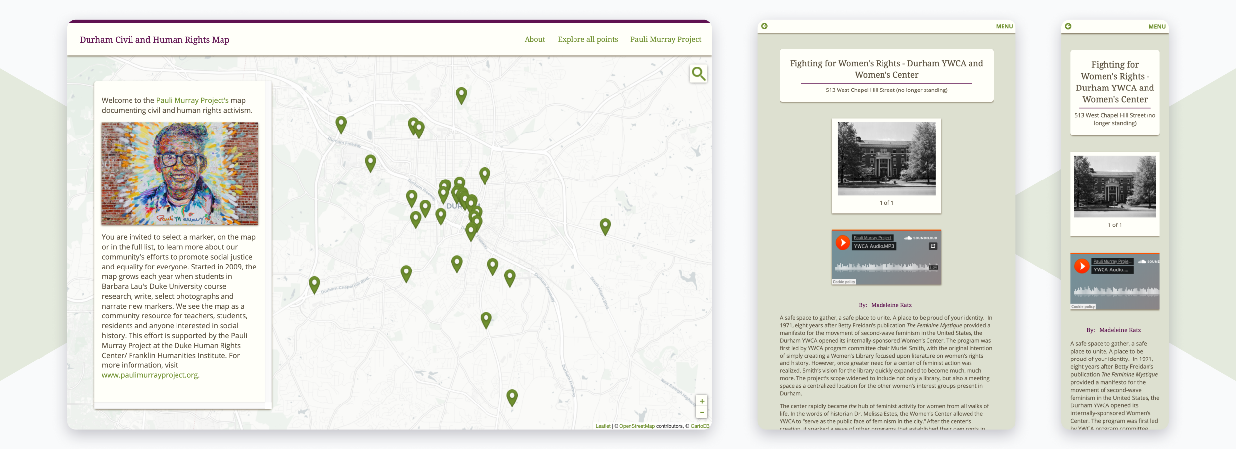 Mockups of the Durham Civil Rights Map on devices of various widths