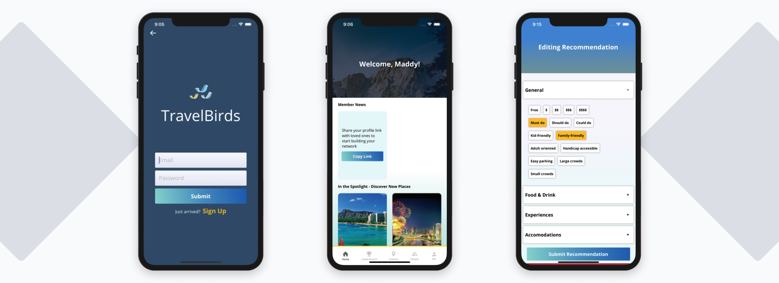 Various screens of the TravelBirds app mocked up on mobile devices