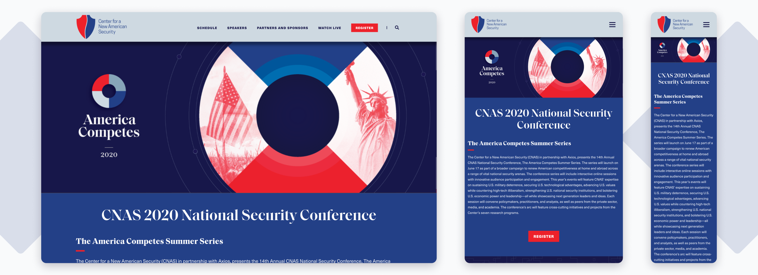 The 2020 CNAS digital conference site presented across devices of varying widths