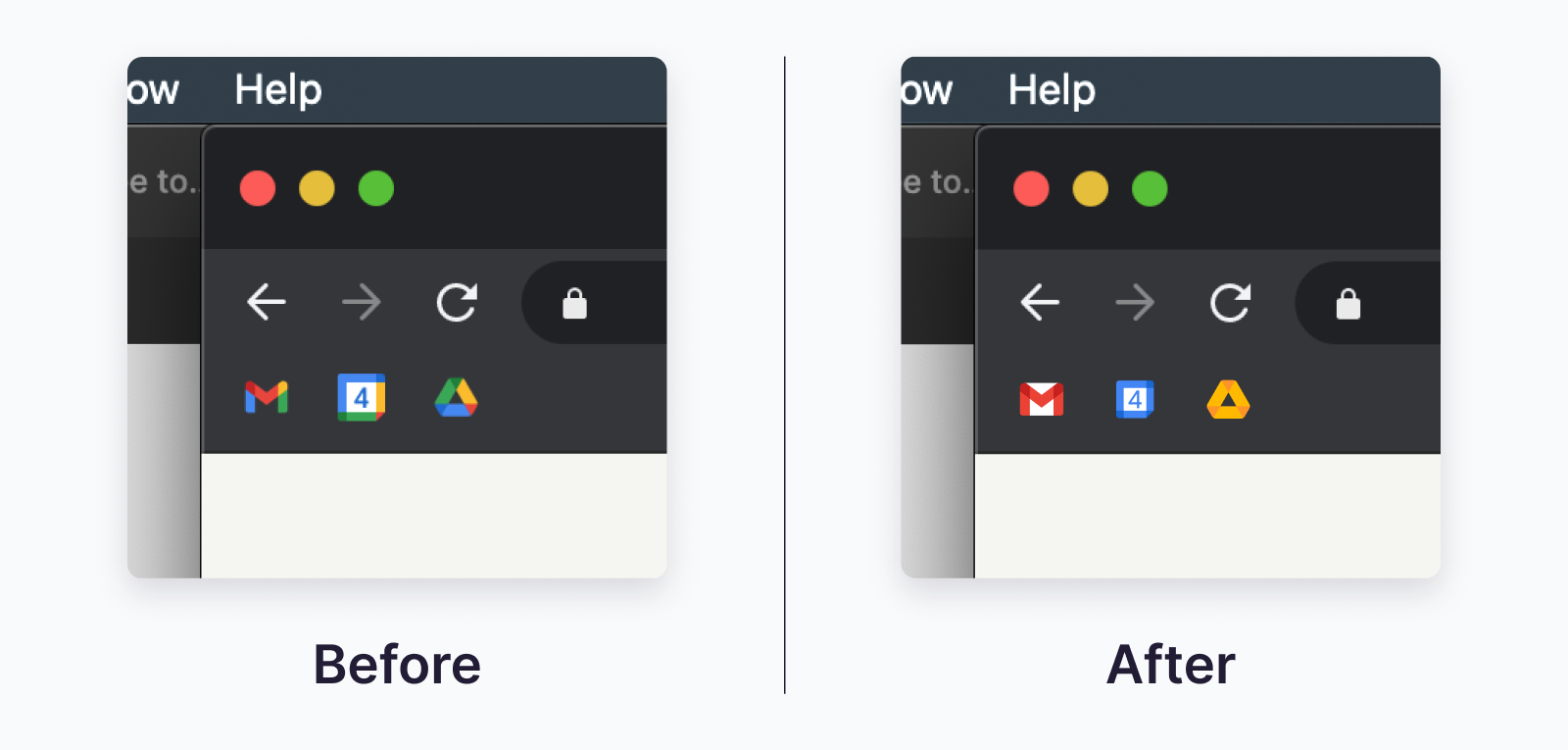 A before and after comparison of the Gmail, Calendar, and Drive icons in a bookmarks bar