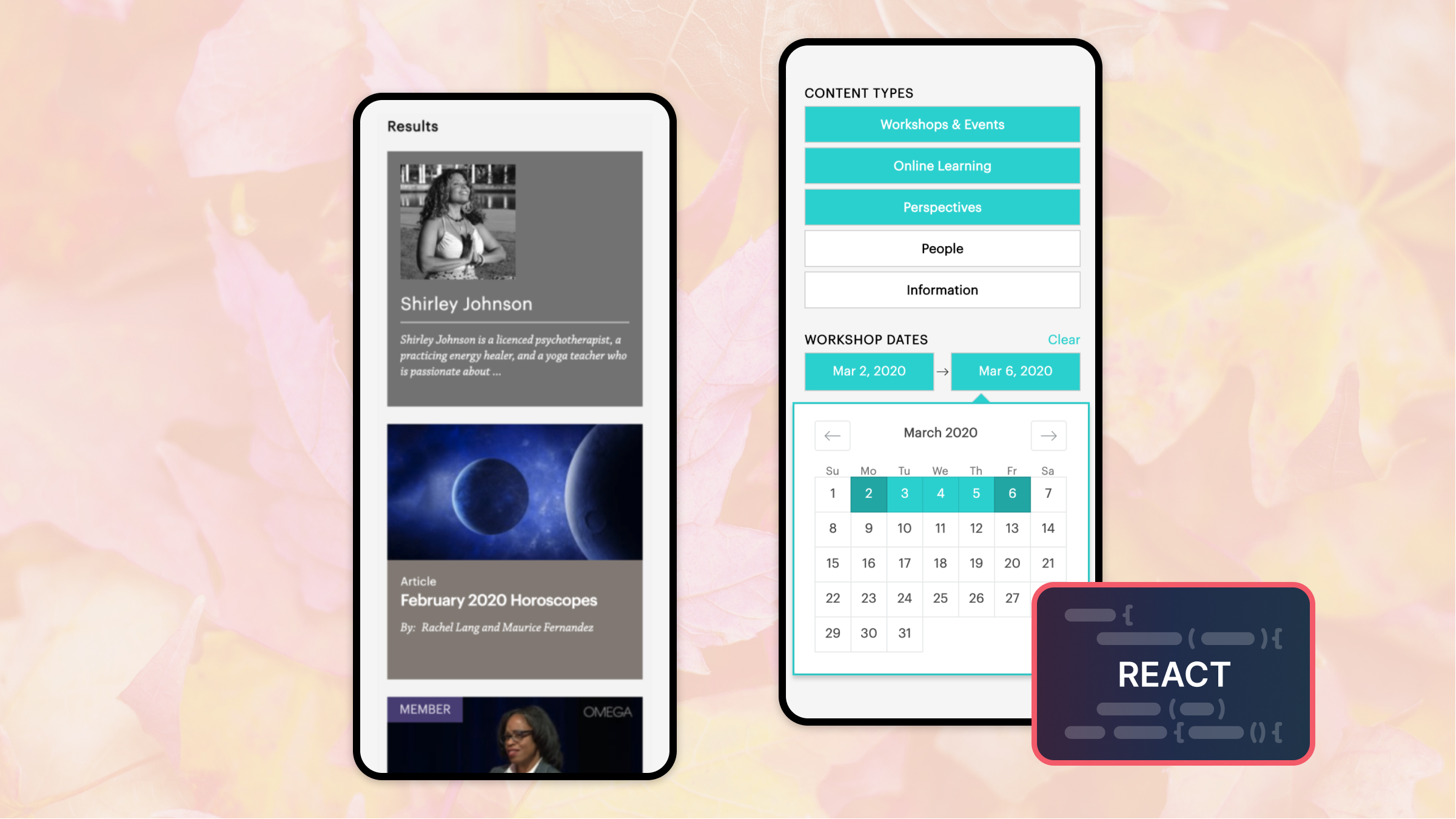 Two mobile phones showcasing Omega's scheduling capabilities featuring a React technology badge
