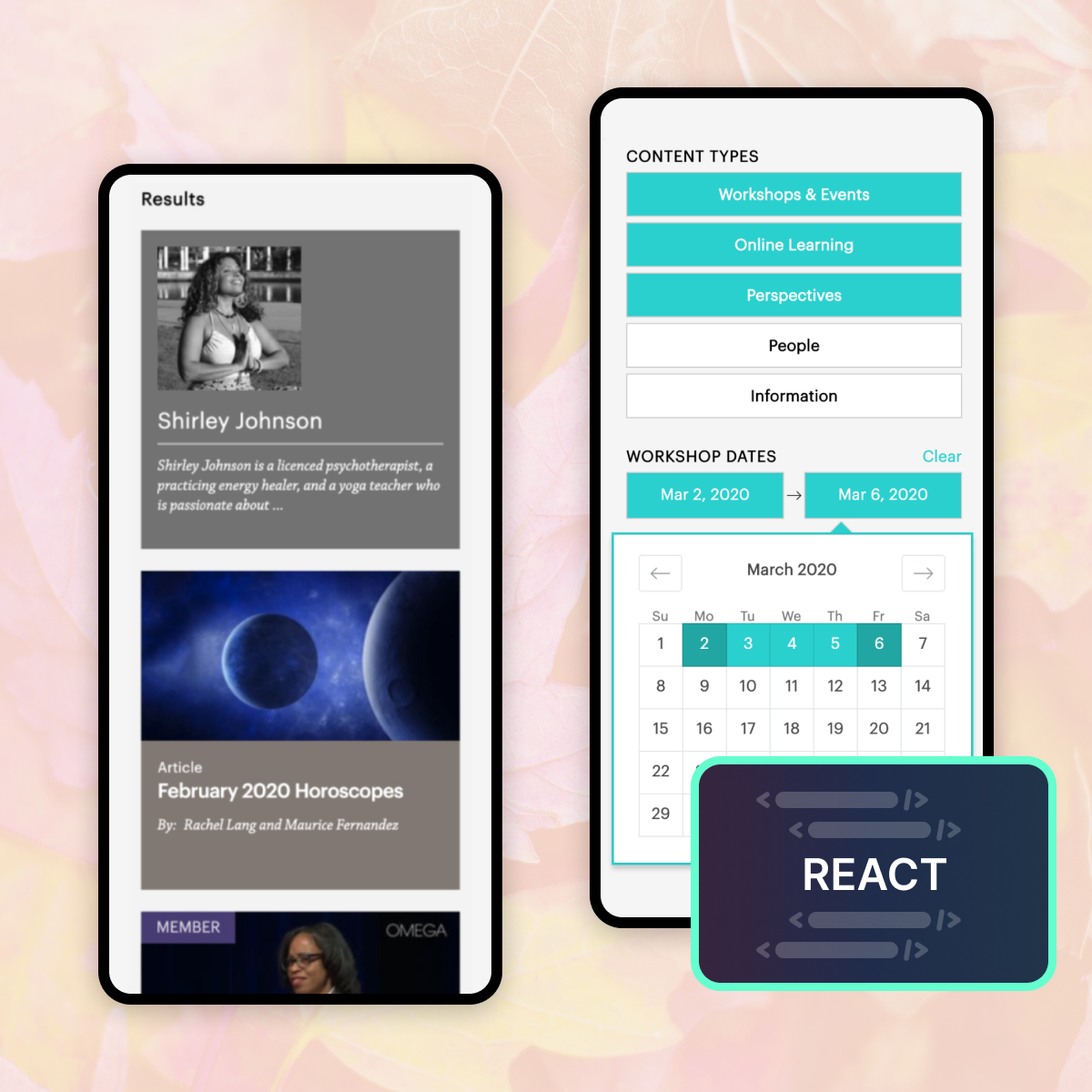 Two mobile phones showcasing Omega's scheduling capabilities featuring a React technology badge