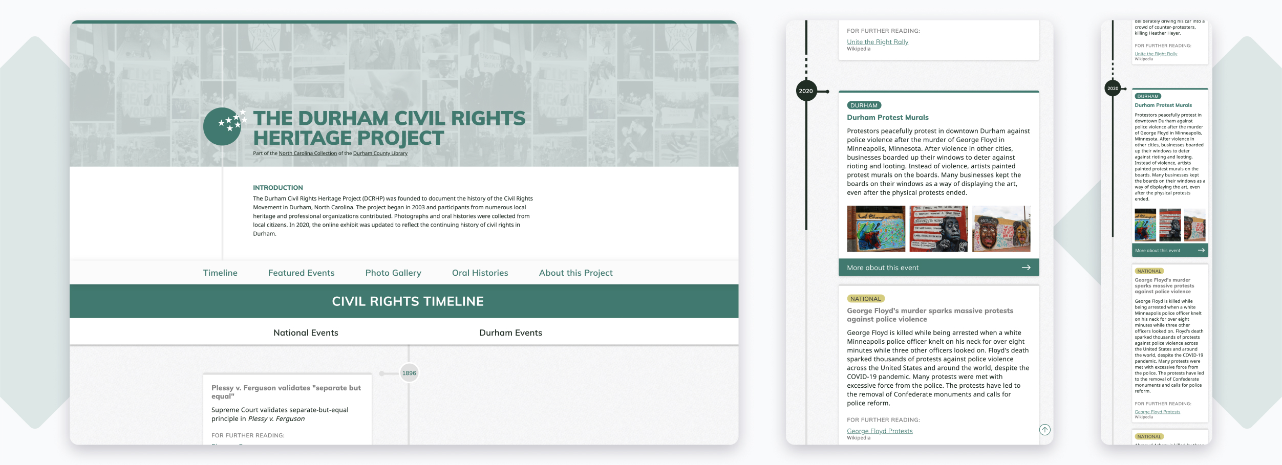 The Durham Civil Rights Heritage Project timeline web page on different screen sizes