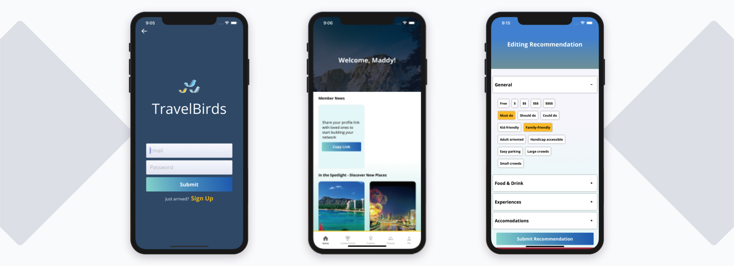 Travel Birds mobile screens