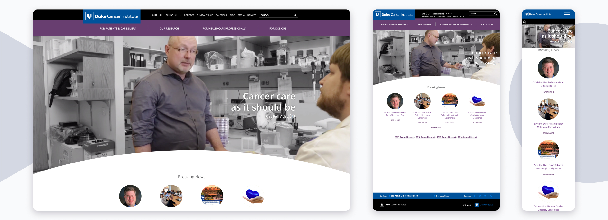 Duke Cancer Institute homepage on different screen sizes