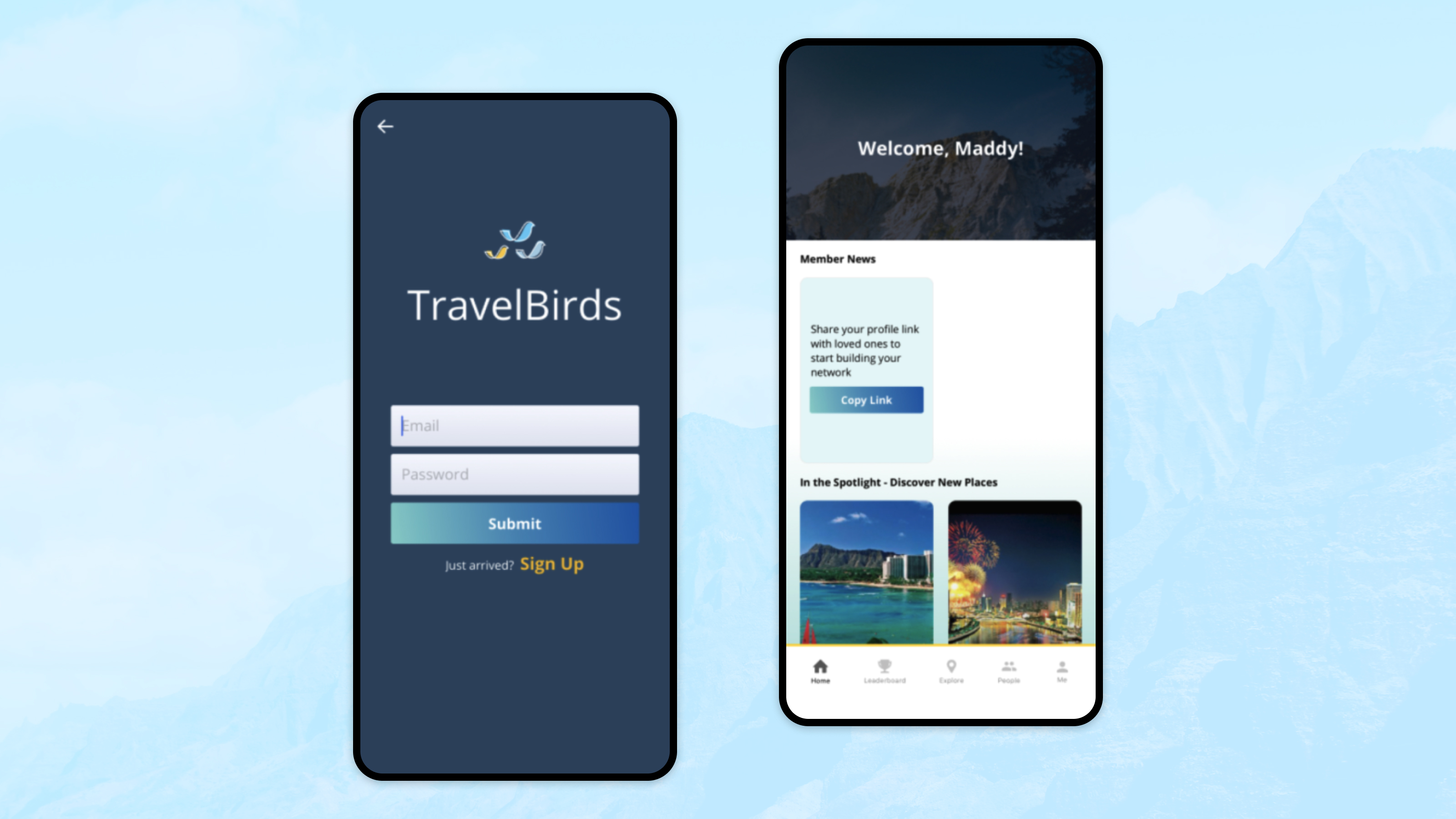 Travel Birds mobile application screens