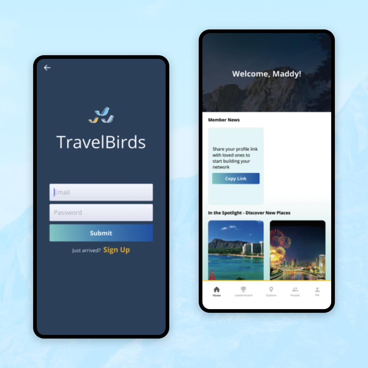 Travel Birds mobile application screens