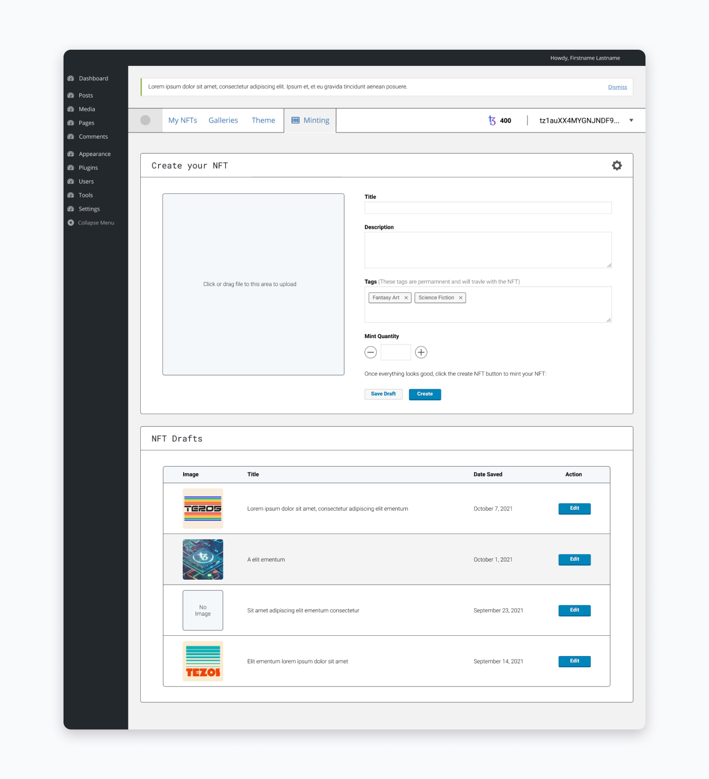 Minting screen on Minterpress app