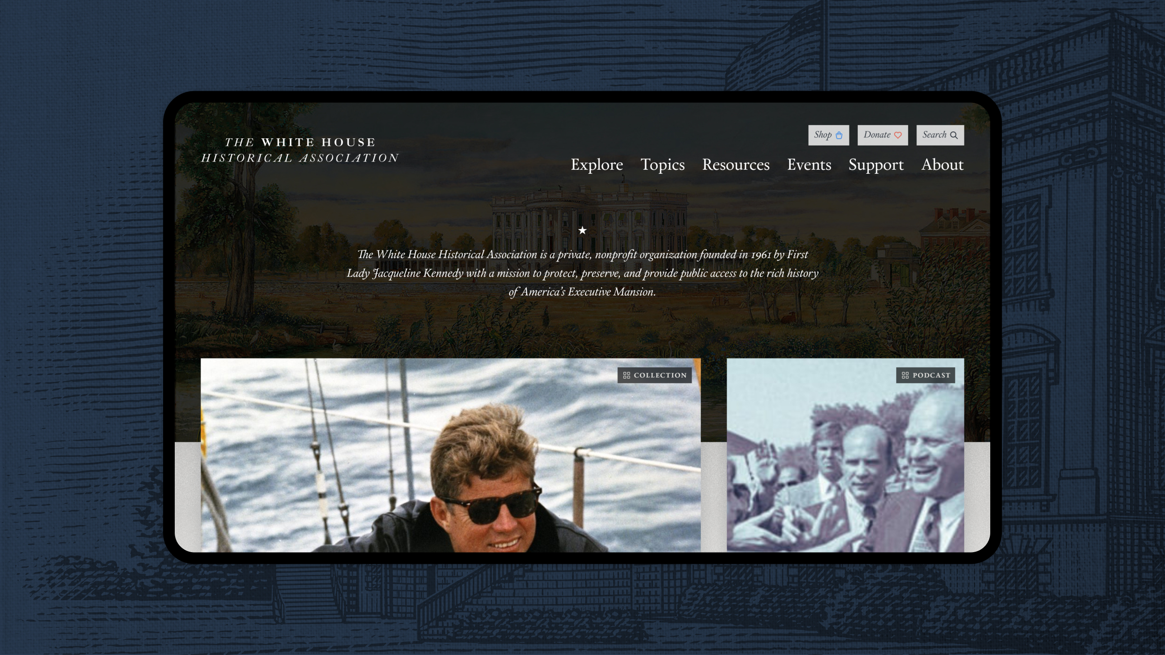A picture of the whha.org website on an iPad, superimposed over a blue background