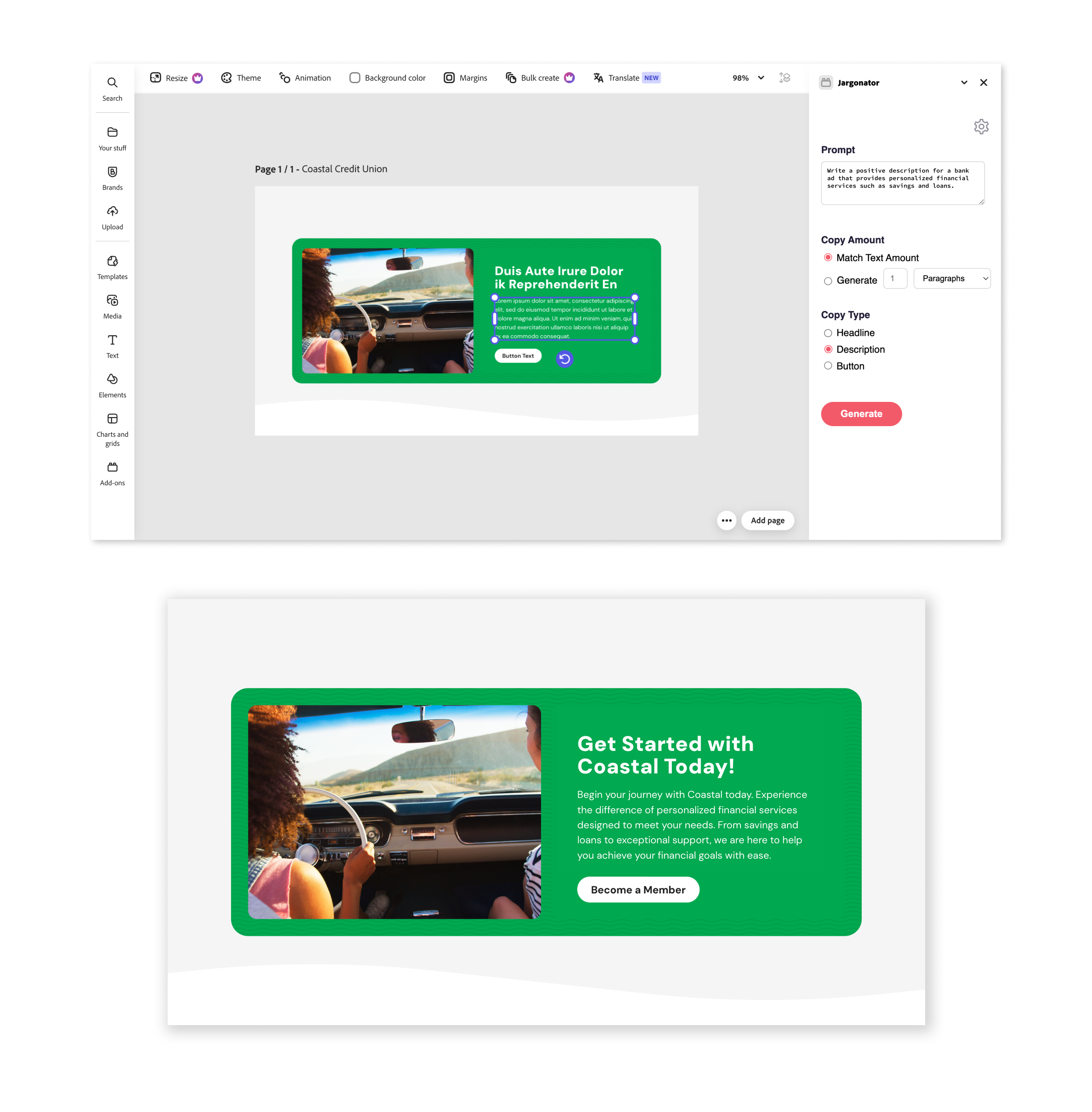 example of using the Jargonator to generate text for ads instead of lorem ipsum