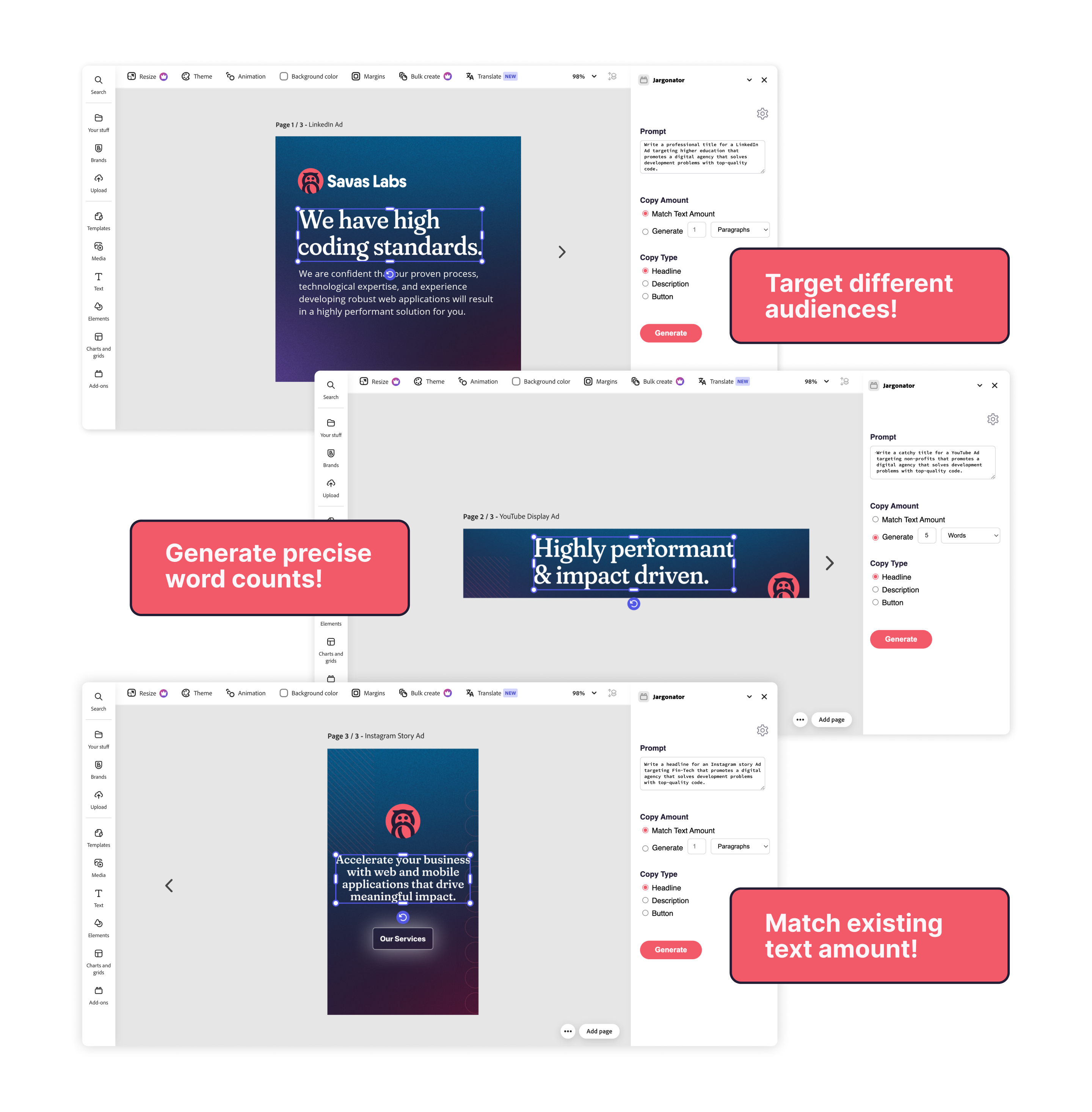 3 Examples of ads and using different prompts and buttons from the Jargonator settings
