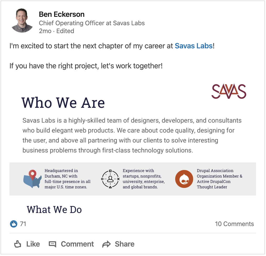 Ben's linkedin post sharing his excitement to join Savas