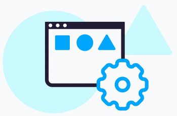 Abstract graphic. Foreground: browser window with a blue square, circle, triangle, and gear shape. Background: light blue circle and triangle.