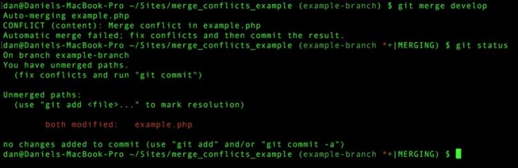 screenshot of git merge output in terminal