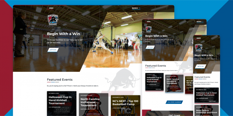 The Durham Sports Commission homepage rendered on three devices of various widths