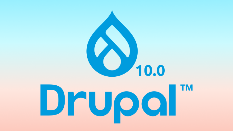 Drupal 10 logo on a blue to pink gradient background